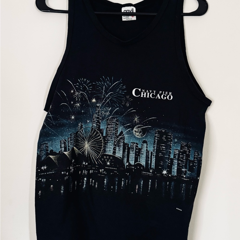 Vintage Y2K 100% Cotton Cut Off, Navy Pier Chicago Black Graffiti Graphic Tee